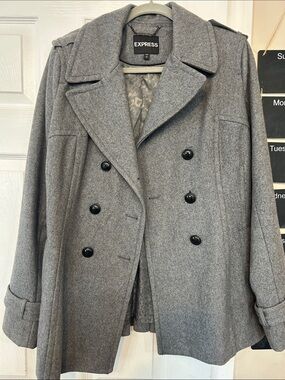 Express Gray Double-Breasted Peacoat with Notched Lapel